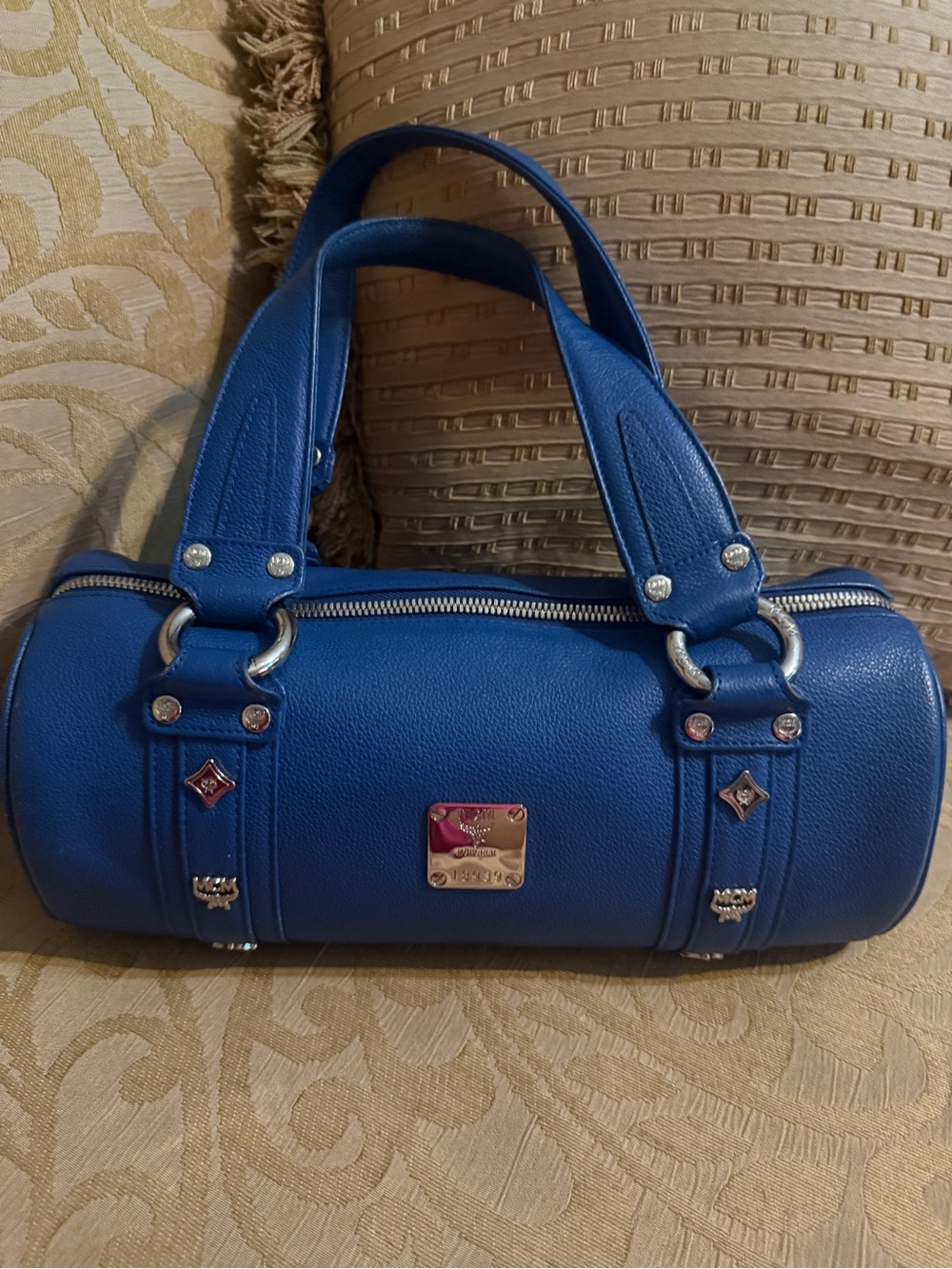 MCM Vintage Grained Leather Papillon Barrel Satchel Royal Blue EUC